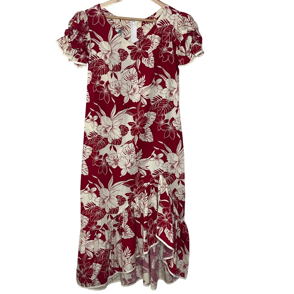Two Palms Hawaii Red Floral Cotton Puff Sleeve High Low Ruffle Midi Dress Small‎